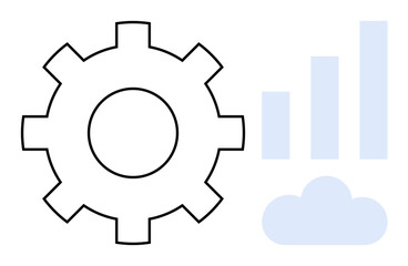 Data analytics theme. Gear symbol paired with cloud and growth bar icons s data analytics, cloud computing, and system optimization. Perfect for tech, systems, and digital trends