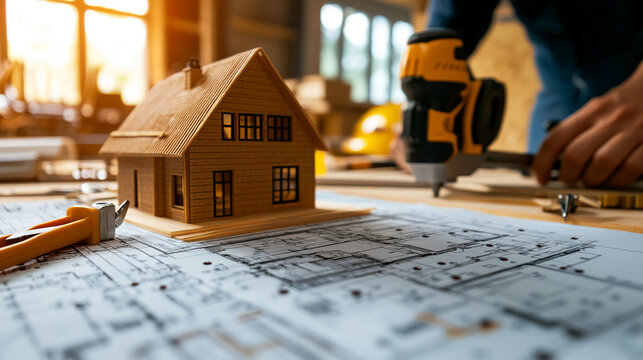 Architectural design plans with model house showcase home construction and renovation projects, bright sunshine filled workspace, home building dreams