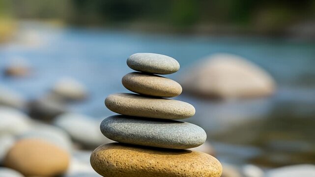 A hand carefully places a small, flat stone on top of a stack of balanced river rocks, creating a cairn by a flowing stream.
