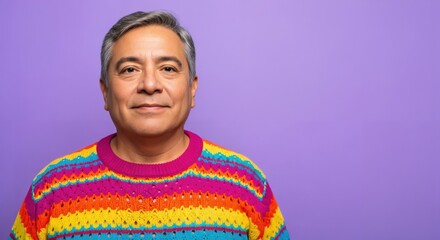Smiling middle-aged Hispanic man with grey hair wearing a vibrant rainbow striped sweater against a solid purple background, looking at the camera.