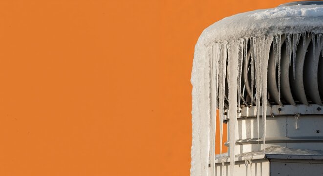 Frozen roof vent covered in ice and icicles during winter. Close-up of a ventilation turbine on an orange background with copy space
