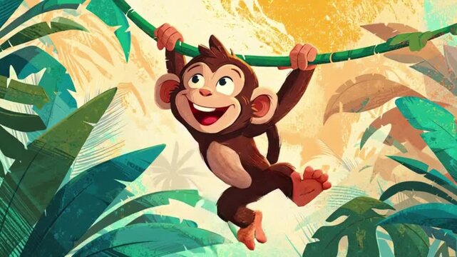  Energetic cartoon monkey swinging on a vine