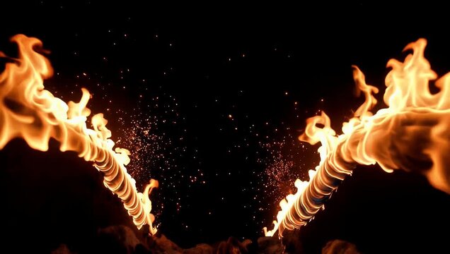 Super slow motion 4K footage of fiery streams blazing intensely on both sides of the screen against a black background ideal for dramatic cinematic or visual effects stock footage