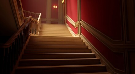 Obraz premium Grand staircase with ornate wooden railing and rich red wall paneling design