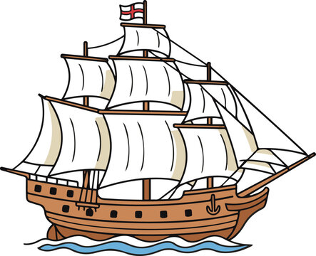 A vector illustration of a historical three-masted wooden sailing ship with full white sails and a flag bearing a red cross, riding on blue waves.