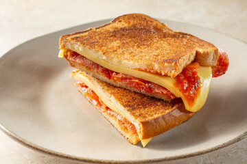 A view of a gluten-free, dairy-free pizza sandwich.