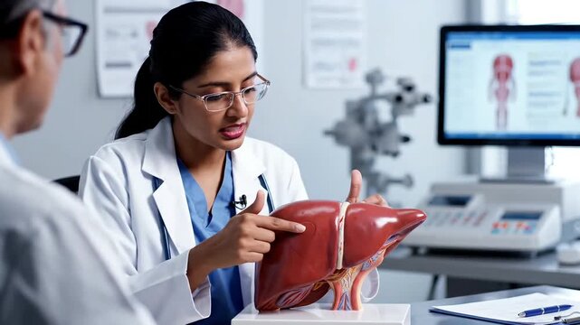 Female Doctor Explains Liver Condition to Patient Using Anatomical Model.