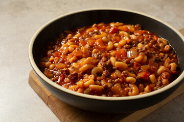 A view of plate of gluten-free, dairy-free American goulash.