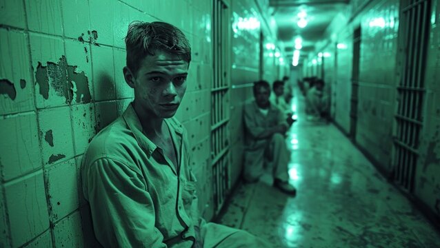 Confinement's Gaze: A lone individual, illuminated in a chilling green light, finds himself imprisoned within the austere confines of a prison corridor.