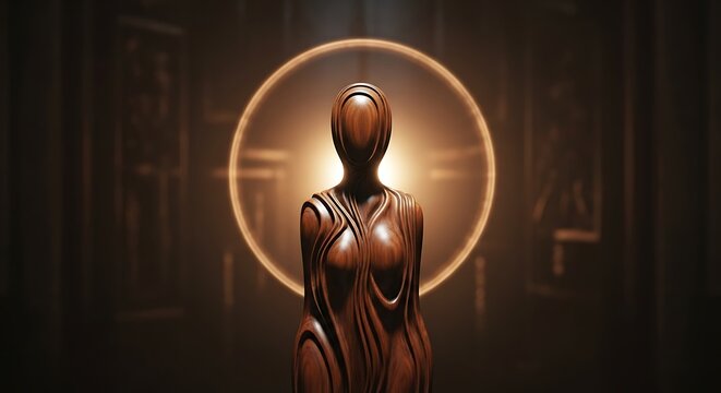 Mystic figure carved from wood with surreal circular glow behind it