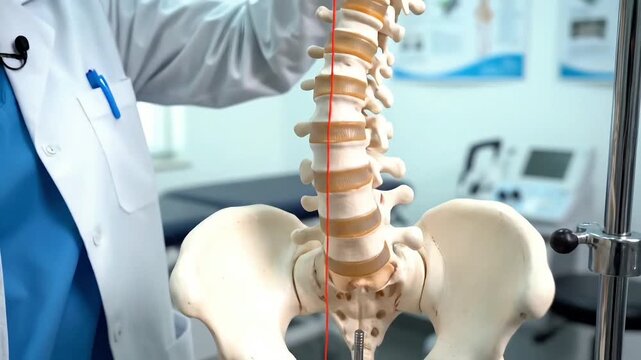 Female Doctor Explaining The Human Spine Anatomy Model in a Clinic.