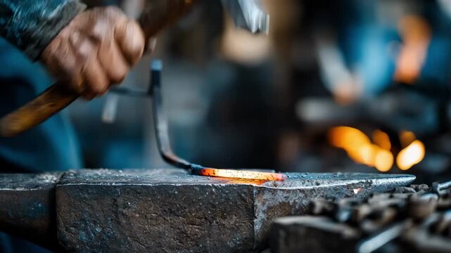 Medium shot of a blacksmith performing closeddie forging showcasing skilled hammering on heated metal with precise mold shaping in an industrial workshop.