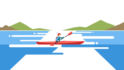 Man kayaking on a serene lake with mountains, enjoying the peace of nature, perfect for outdoor adventure promotions and summer vacation campaigns