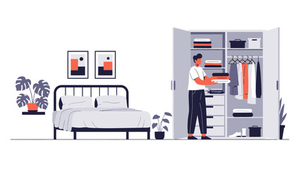 Man organizing clothes in modern bedroom closet, creating a tidy and peaceful space for relaxation and rest, ideal for home organization content