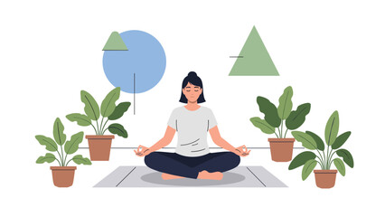 Find Inner Peace with this Woman Meditating in a Serene Yoga Studio, Perfect for Promoting Wellness and Stress Relief with Nature and Geometric Harmony