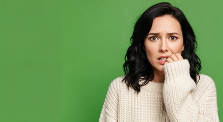Obraz premium Worried young woman with dark hair biting her nails, looking anxious and stressed, wearing a cozy sweater against a green screen background.