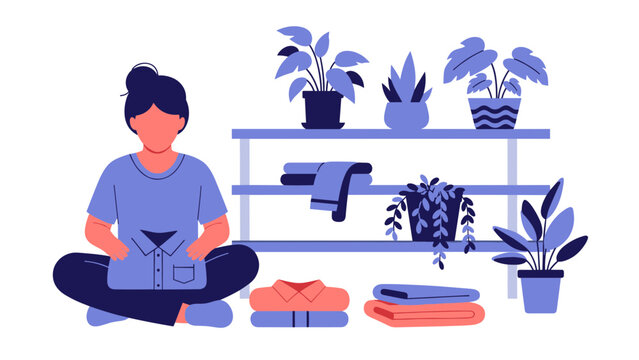 Woman folding clothes with zen style, creating a tidy home, promoting calmness and organization, perfect for lifestyle and home organization content