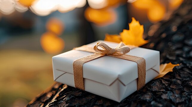 A white gift box tied with a gold ribbon sits on a tree branch, surrounded by yellow fall leaves, with a blurred background and warm, natural lighting.