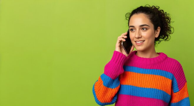 Happy young woman with curly hair talking on a smartphone, smiling and looking away, wearing a colorful striped sweater on a vibrant green background. - Powered by Adobe