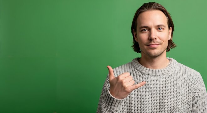Smiling young adult man with dark hair making a 'call me' hand gesture while looking at the camera against a green screen background