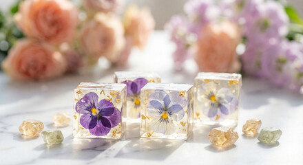 Elegant botanical jelly sweets with edible flowers and gold. Ideal for wedding invitations, luxury food branding, and spa marketing. Soft pastel macro photography with dreamy bokeh.