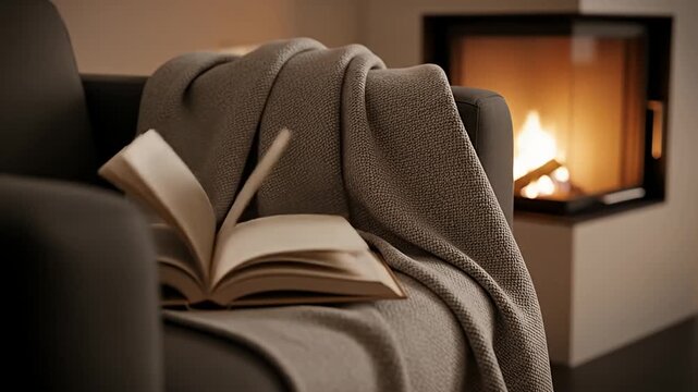 Cozy evening by the fireplace with a book and blanket.