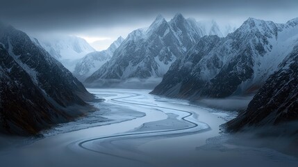 A scenic landscape featuring snow-covered mountains, a winding river, and a moody, atmospheric sky. The image evokes a sense of cold, isolation, and natural bea