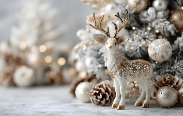 Obraz premium Christmas or New Year layout with white snowy Christmas tree and golden Christmas decoration. Bright Holiday background.