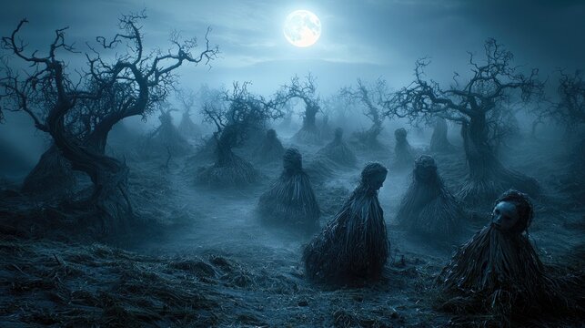 A haunting scene of eerie figures in a misty forest under a bright full moon, evoking a sense of mystery and dread.