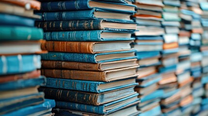Close-up of a stack of books, showcasing a variety of colors and textures. The image conveys themes of education, knowledge, and learning.