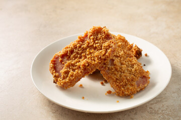 A view of a plate of Spam katsu.