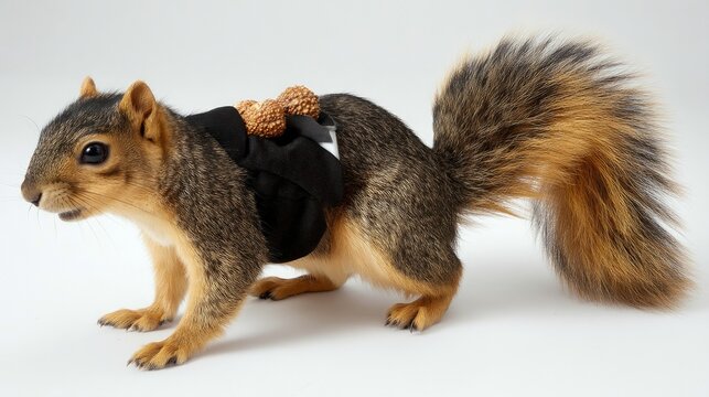 A squirrel wearing a small black costume with two brown objects on its back, posed against a white background.