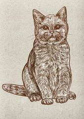 Vintage Sketch of Sitting Cat. Detailed hand drawn cat illustration featuring fine line art and textured paper background