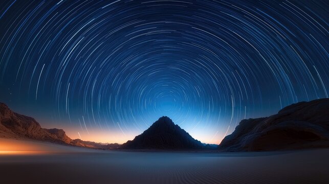 A long exposure photograph of star trails in the night sky over a desert landscape with mountains and sand dunes. - Powered by Adobe