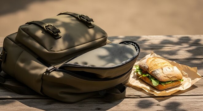 Open backpack with a fresh healthy sandwich on a rustic wooden table outdoors, symbolizing an impromptu picnic concept in bright sunlight