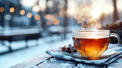A glass teacup filled with hot tea sits on a snowy wooden table. Steam rises from the cup against a blurred winter background with soft bokeh lights.