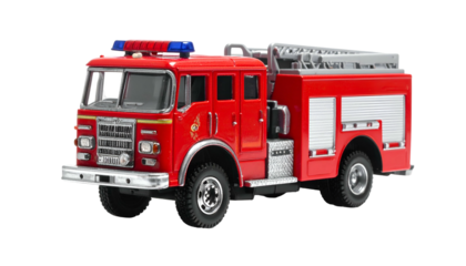 Detailed red fire engine model truck with ladder against black