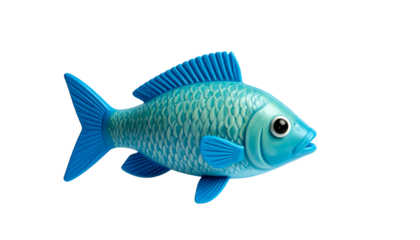 Plastic, light blue fish against a black background, side view