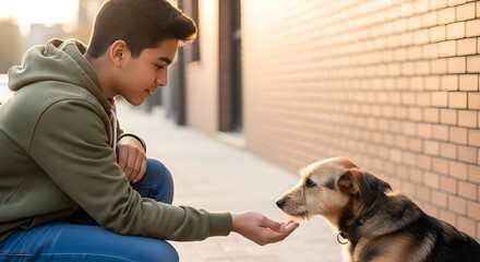 Young boy feeding a homeless dog on an urban street during golden hour, representing animal welfare concept and empathy