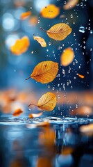 Close-up of golden autumn leaves and water droplets falling into a body of water, creating reflections. The scene evokes a sense of tranquility and the beauty o