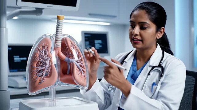 Female Pulmonologist Explaining Human Lungs Anatomy Model in Clinic.