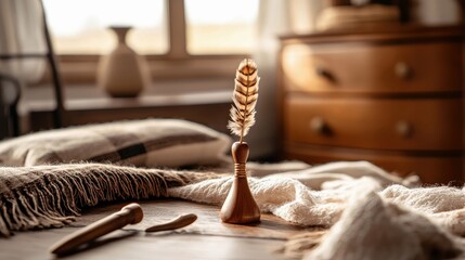 A decorative feather quill stands on a wooden table, surrounded by soft textiles and warm lighting, creating a cozy and inviting interior scene.