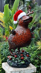 A decorative dinosaur statue wearing a Santa hat and antlers, standing in a lush green garden setting. The statue is decorated for Christmas.