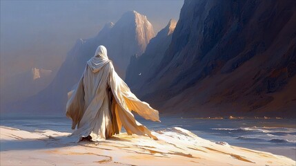 A lone figure in a white hooded cape stands on a sandy beach, gazing towards mountains in the distance. The scene is bathed in soft, atmospheric light.