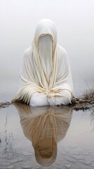 A person in a white garment sits in water, creating a reflection. The scene is set in a misty, atmospheric environment.