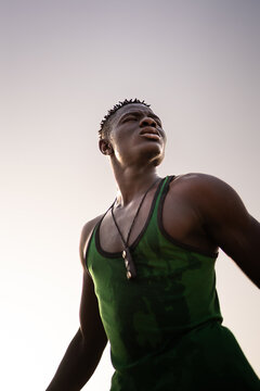 Senegalese athlete looking up at the sky in Dakar, Senegal