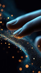 Close-up of a hand with fingers touching a stream of glowing particles against a dark background, creating a futuristic and technological atmosphere.