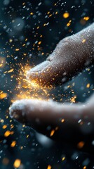 Close-up of a hand with a finger touching sparks against a dark background, creating a visual effect of energy and interaction.