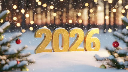 Golden 2026 new year numbers in snowy winter forest scene