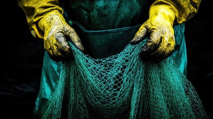 Close-up of a fisherman holding a fishing net, wearing yellow gloves and a green apron. The image has dramatic lighting and a dark background.